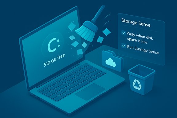 Blue isometric laptop shows Storage Sense settings, a broom sweeping data, a cloud folder, and a recycling bin.