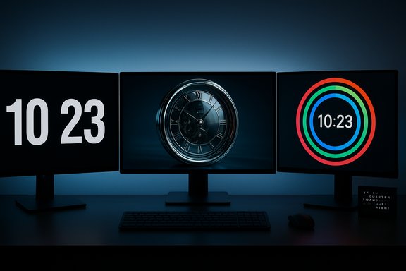 Three-monitor desk setup with a large 10:23, a central clock, and a colorful circular timer. Three-monitor desk setup with a large 10:23, a central clock, and a colorful circular timer.