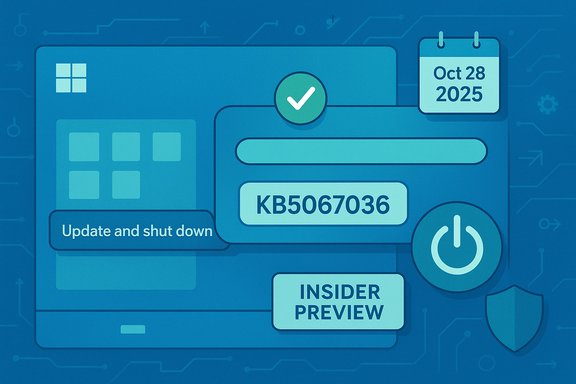 Blue tech dashboard featuring Update and shutdown, KB5067036, Insider Preview, and Oct 28, 2025.