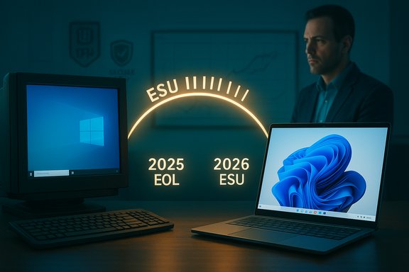 A tech office scene with a glowing ESU arc showing 2025 EOL and 2026 ESU, flanked by a vintage monitor and a modern laptop.