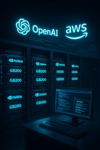 Neon-lit server room with OpenAI and AWS logos above NVIDIA racks.