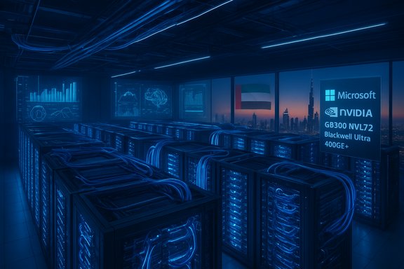 Blue-lit data center with rows of server racks and glowing cables.