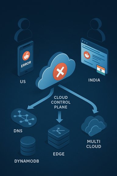 Cloud control plane diagram linking US and India users to DNS, DynamoDB, Edge, and multi-cloud.