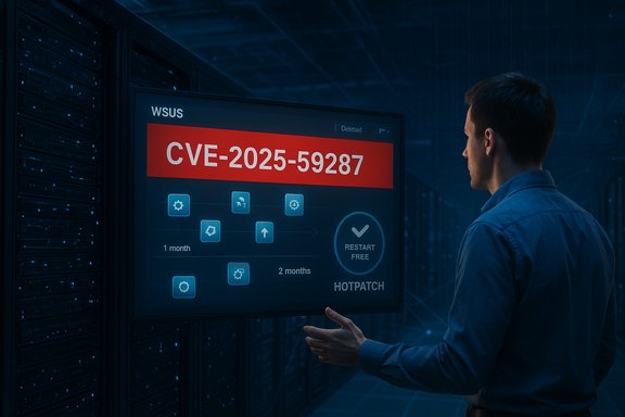 A technician reviews a server-screen displaying CVE-2025-59287 in a data center.