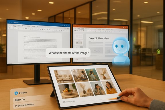 An AI-powered design workstation with dual monitors and a tablet.