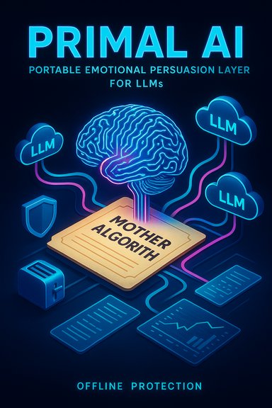 Neon sci-fi poster shows a glowing brain connected to LLM clouds, Mother Algorithm, offline protection.