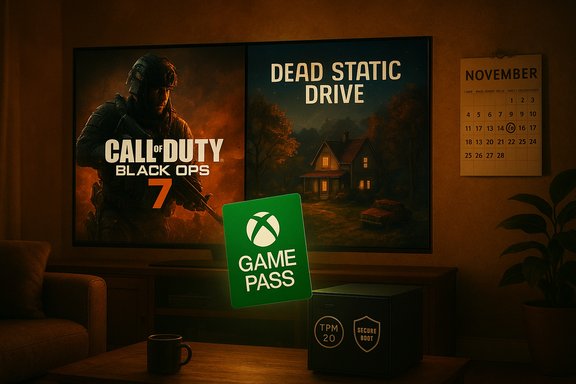 A cozy living room with a TV showing Call of Duty Black Ops 7 and Dead Static Drive posters, and an Xbox Game Pass sign.