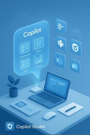 Desk setup with a laptop and holographic Copilot Studio UI displaying dashboards, forms, lists, and charts.