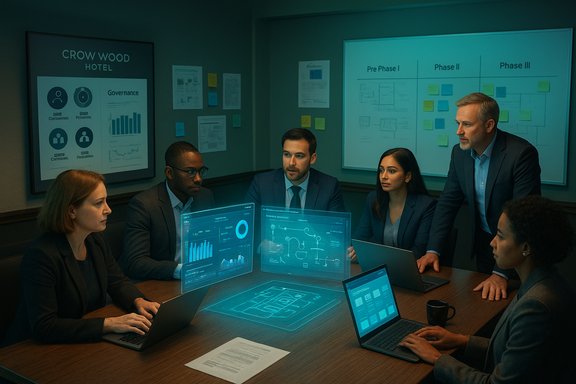 A diverse team of professionals reviews holographic data displays at a conference table.