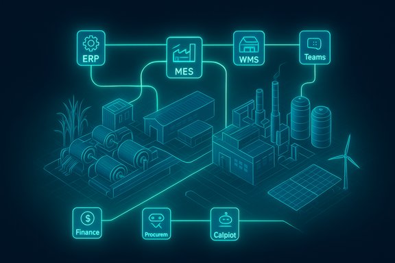 Neon isometric factory with connected ERP, MES, WMS, Teams and finance/procurement apps.
