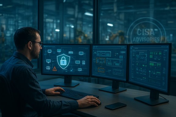 Security analyst monitors three screens of cybersecurity dashboards in a dimly lit operations room.