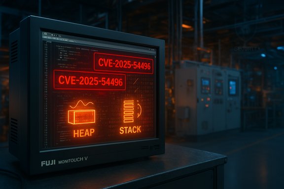 Industrial-control monitor glows red with CVE-2025-54496 warnings and heap/stack diagrams.