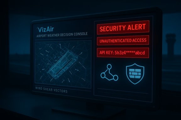 VizAir airport weather decision console showing a red security alert and unauthenticated access.