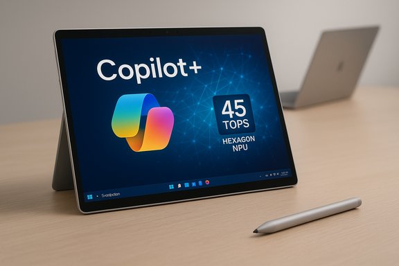 Tablet displays Copilot+ with 45 TOPS Hexagon NPU, stylus on the desk. Tablet displays Copilot+ with 45 TOPS Hexagon NPU, stylus on the desk.