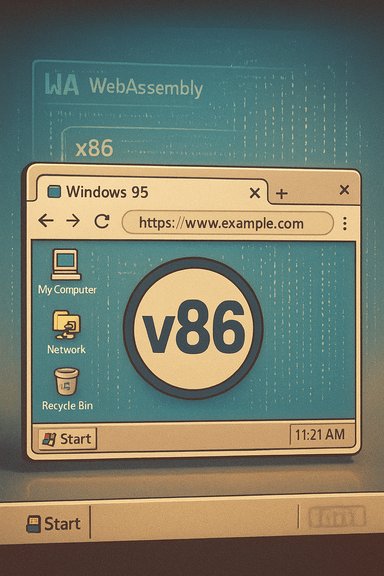 Retro Windows 95 desktop showing a v86 WebAssembly emulator in a browser.