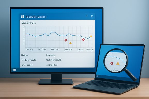 A desktop monitor and laptop display a Reliability Monitor chart with fault alerts.