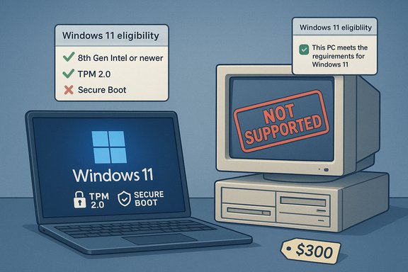 Windows 11 eligibility: compliant PC with TPM 2.0 and Secure Boot vs. Not Supported computer.