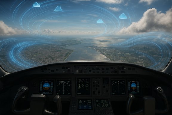 Cockpit view over a river with blue holographic cloud rings overlaying the sky.