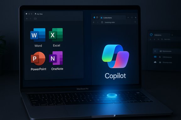 MacBook Pro with a split display showing Office apps (Word, Excel, PowerPoint, OneNote) and the Copilot logo.