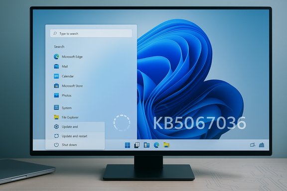 Desktop monitor on a desk showing Windows 11 Start menu with a blue abstract wallpaper.