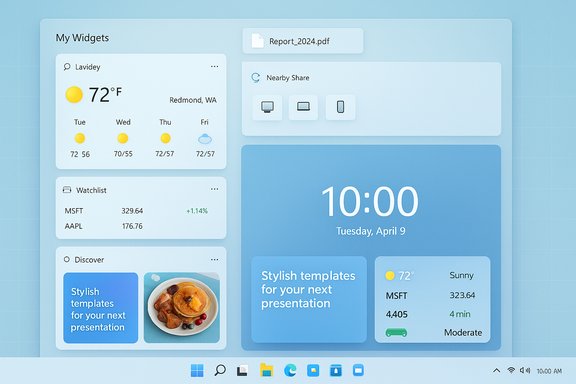 Blue, card-based dashboard displaying weather, stocks, files, and a large clock.