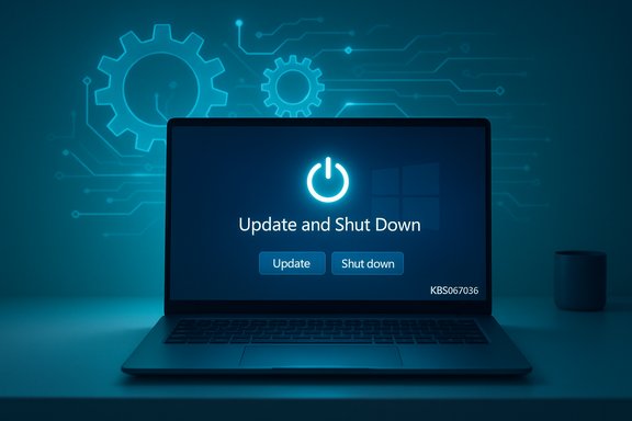 A laptop displays a blue Update and Shut Down screen with two options.