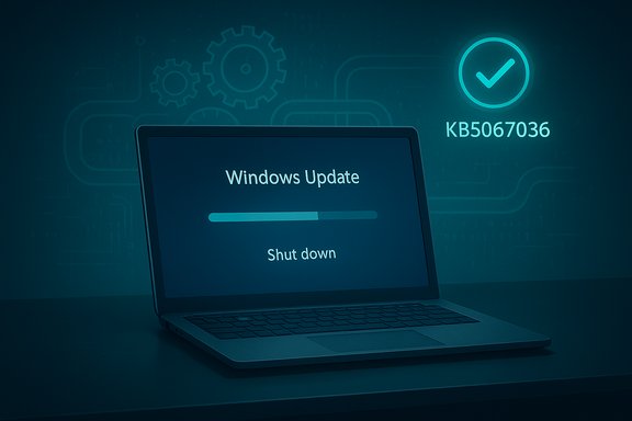 Laptop displaying Windows Update progress bar with a Shut down option.