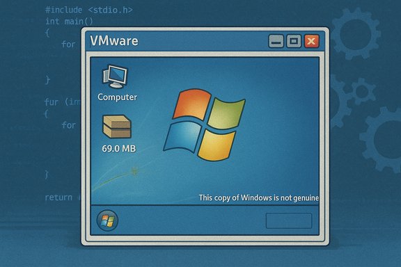 Stylized VMware window with a Windows desktop and not-genuine warning.