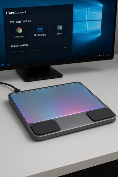 A sleek RGB-lit drawing tablet sits on a desk in front of a Windows monitor.