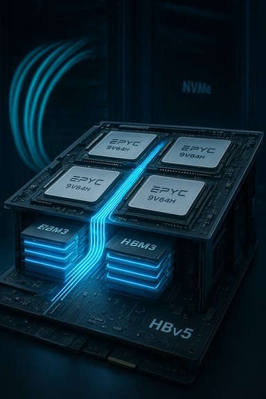A server motherboard with four EPYC CPUs, glowing blue data traces and HBM3 memory.