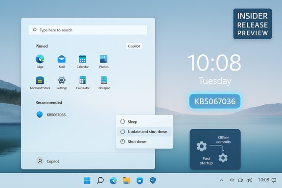 Windows-style desktop with Copilot panel, pinned apps, and an update/shutdown menu. Windows-style desktop with Copilot panel, pinned apps, and an update/shutdown menu.