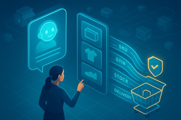 A person interacts with a holographic AR dashboard for product details, stock, and delivery.