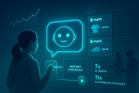 A neon blue holographic dashboard with a smiling chatbot and Shopify price panels.