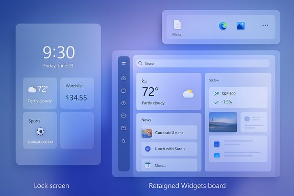 Concept UI showing a lock screen and a retained widgets board with weather, stocks, and news.