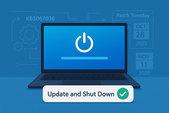 Laptop on a blue background shows update progress and a 'Update and Shut Down' prompt.