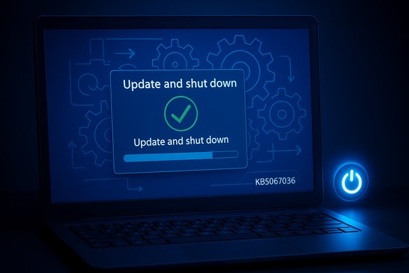 A laptop screen displays an Update and shut down dialog with a progress bar and green checkmark.