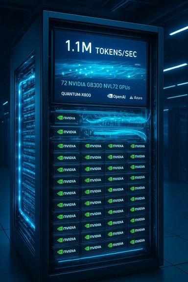 Blue-lit data server rack with NVIDIA GPUs, showing 1.1M tokens/sec.