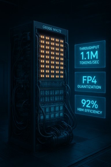 Neon-lit server rack with holographic readouts: 1.1M tokens/sec throughput, FP4 quantization, 92% HBM efficiency.