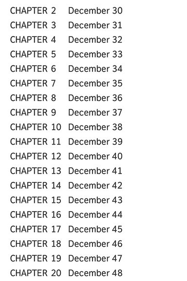 Two-column list linking chapters 2–20 with December 30–48.