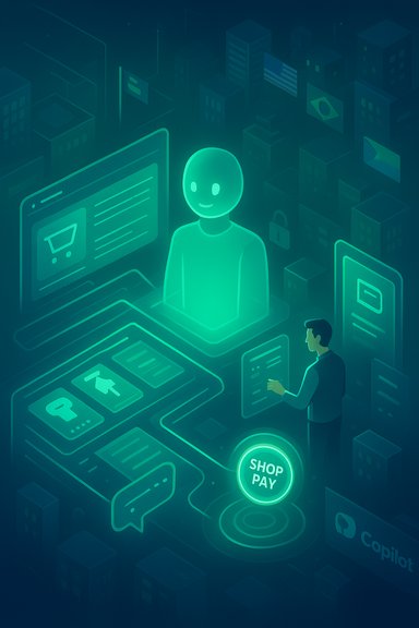 Neon isometric scene of a person using holographic screens for online shopping with Shop Pay.
