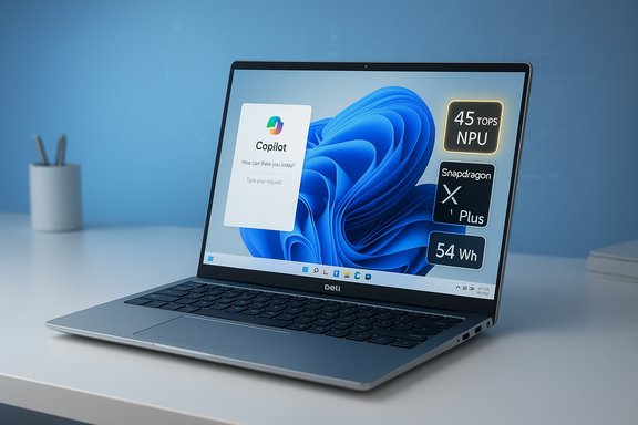Dell laptop on a desk displaying Windows Copilot UI with Snapdragon X Plus NPU and 54 Wh.