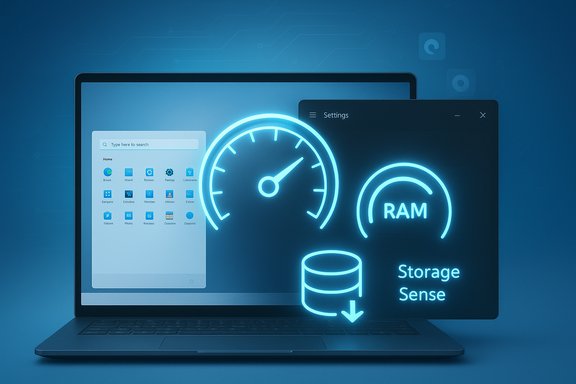 Neon blue gauges display speed, RAM, and storage on a laptop.