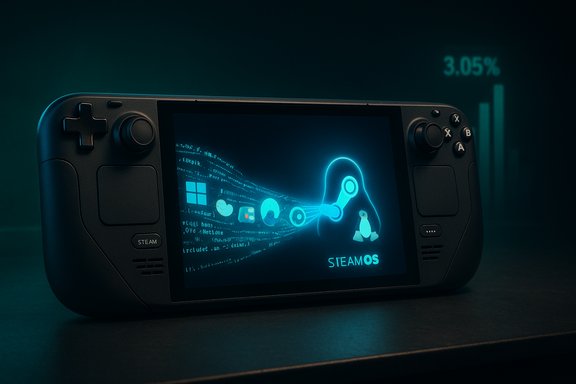 A handheld gaming console displaying SteamOS with a neon blue Steam logo on its screen.