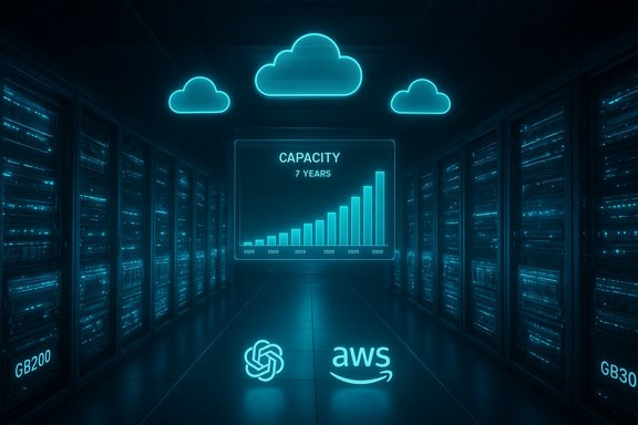 Neon-blue data center with cloud icons, a 7-year capacity chart, and AWS/Kubernetes branding.