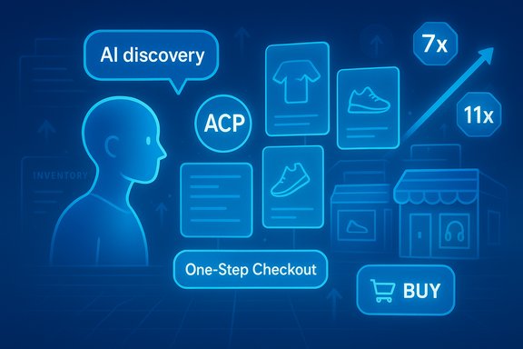 Blue neon infographic showing AI-driven ecommerce with product cards and a one-step checkout.
