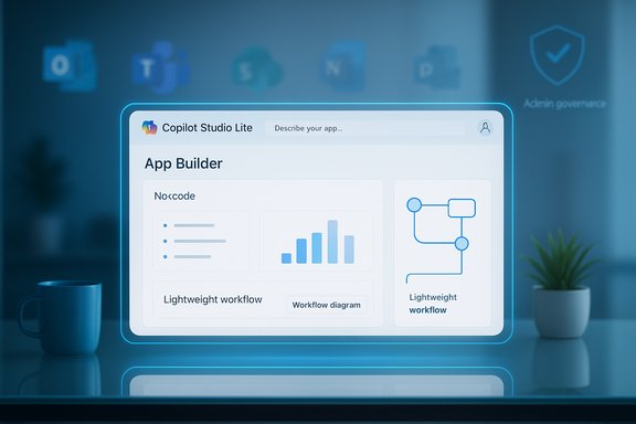 Holographic Copilot Studio Lite app builder with no-code blocks and workflow diagrams.