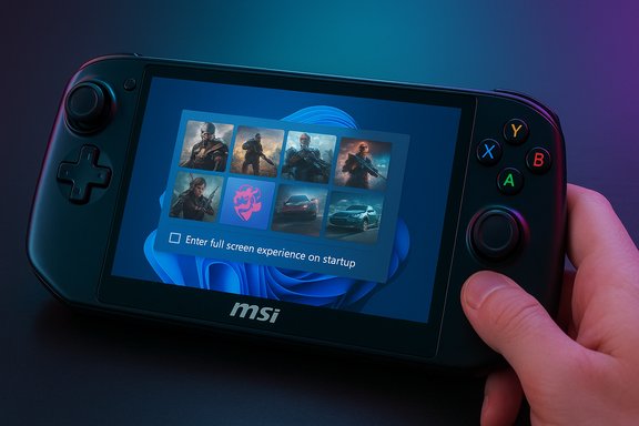 A handheld MSI gaming console showing a startup screen with a grid of game icons.