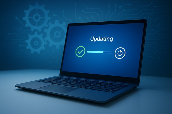 Laptop screen shows 'Updating' with a progress bar, a green checkmark, and a power icon on a blue tech background.