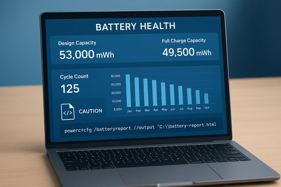 Laptop displays a battery health dashboard showing design 53,000 mWh, full charge 49,500 mWh, and 125 cycles.
