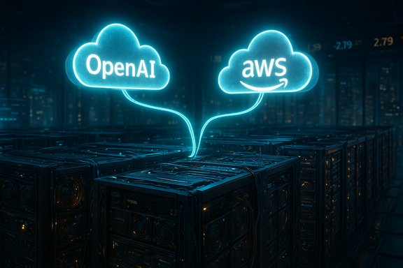 Neon cloud icons for OpenAI and AWS connected over rows of server racks in a data center.